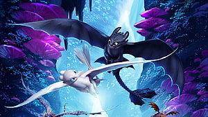 Toothless and Light Fury Soaring Through a Bioluminescent Crystal Cavern in How To Train Your Dragon HD wallpaper