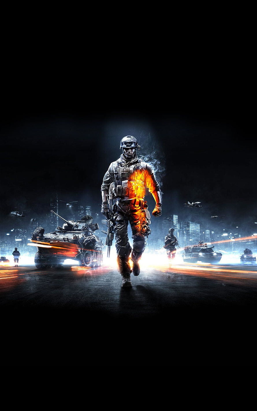 Modern Military Soldier Walking Through Urban Battlefield with Armored Vehicles and Night City Skyline HD phone wallpaper