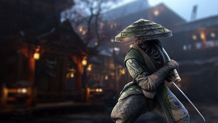Samurai warrior in traditional armor and conical hat holding a katana in a dimly lit Japanese village at dusk HD wallpaper