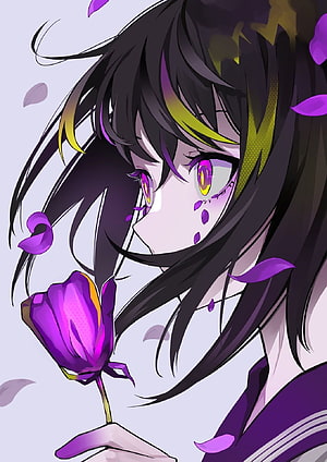 Anime girl with dark hair and purple eyes holding a purple rose with falling petals HD phone wallpaper