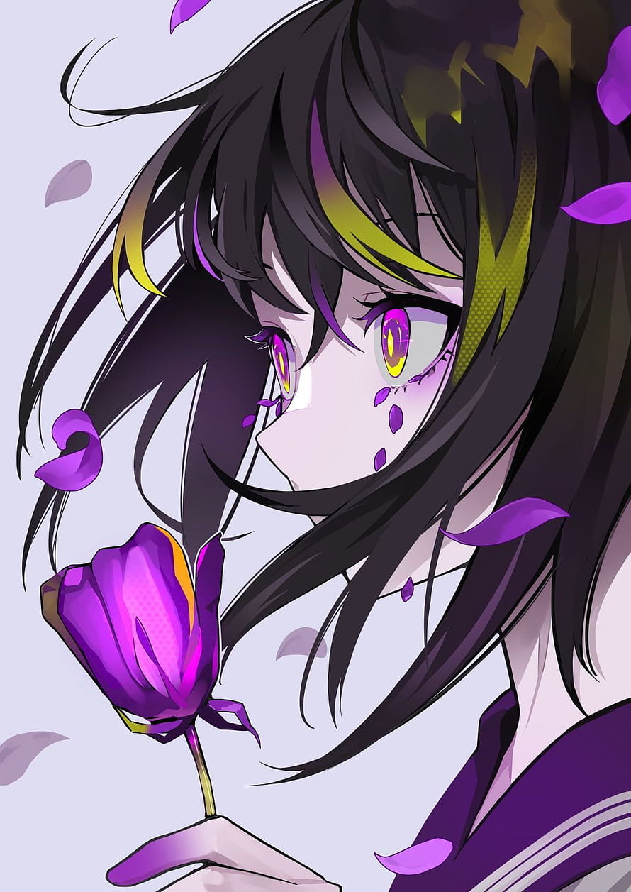 Anime girl with dark hair and purple eyes holding a purple rose with falling petals HD phone wallpaper