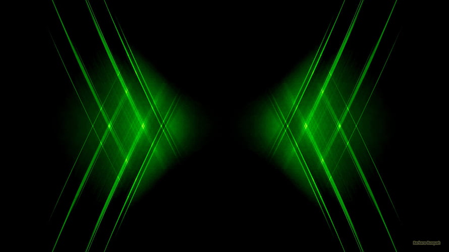 Abstract Green Light Streaks on Black Background with Symmetrical Geometric Glow HD wallpaper