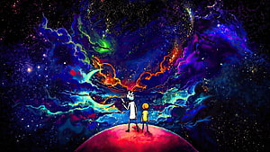 Rick and Morty Standing on a Planet Gazing at a Vibrant Cosmic Nebula HD wallpaper