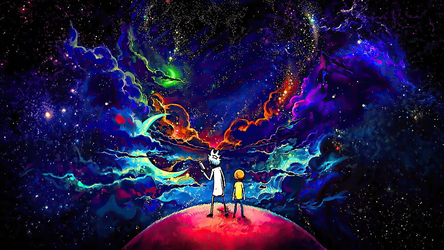 Rick and Morty Standing on a Planet Gazing at a Vibrant Cosmic Nebula HD wallpaper