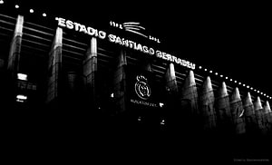 Real Madrid Santiago Bernabeu Stadium Nighttime Black and White Architecture HD wallpaper
