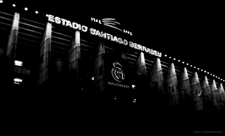 Real Madrid Santiago Bernabeu Stadium Nighttime Black and White Architecture HD wallpaper