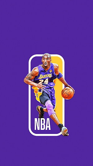 Kobe Bryant Dribbling in Lakers Purple Jersey with NBA Logo Graphic Design HD phone wallpaper