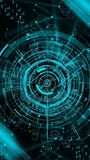 Futuristic Cyan Holographic HUD Interface with Concentric Circles and Data Elements HD phone wallpaper