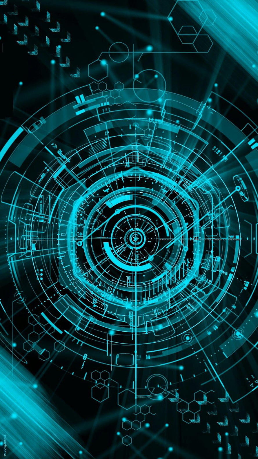 Futuristic Cyan Holographic HUD Interface with Concentric Circles and Data Elements HD phone wallpaper