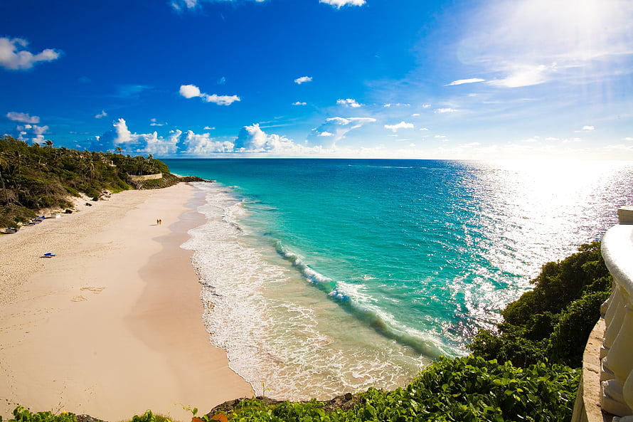 Tropical Beach Panorama With Turquoise Water And White Sand Coastline HD wallpaper