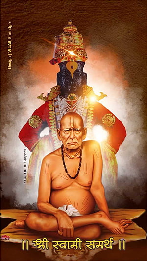 Swami Samarth seated in meditation with divine deity figure behind him HD phone wallpaper