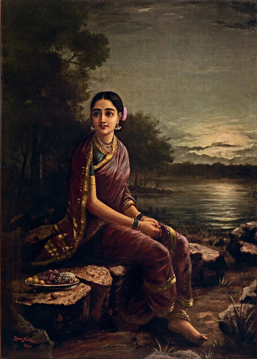Raja Ravi Varma's Radha in the Moonlight Oil Painting of a Seated Indian Woman HD phone wallpaper