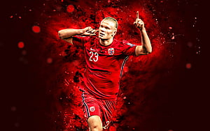 Erling Haaland in Norway National Team Red Kit Celebrating with Dramatic Ink Splash Background HD wallpaper