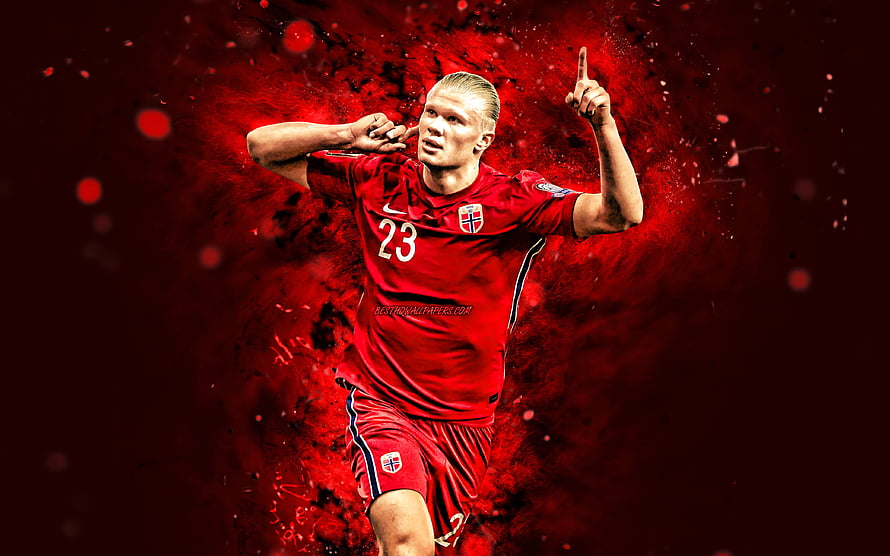 Erling Haaland in Norway National Team Red Kit Celebrating with Dramatic Ink Splash Background HD wallpaper