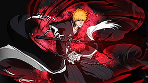 Ichigo Kurosaki in Resurrected Fullbring Form with Zangetsu and Crimson Energy HD wallpaper