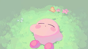 Kirby Sleeping Peacefully in a Lush Green Meadow with Flowers and a Butterfly HD wallpaper