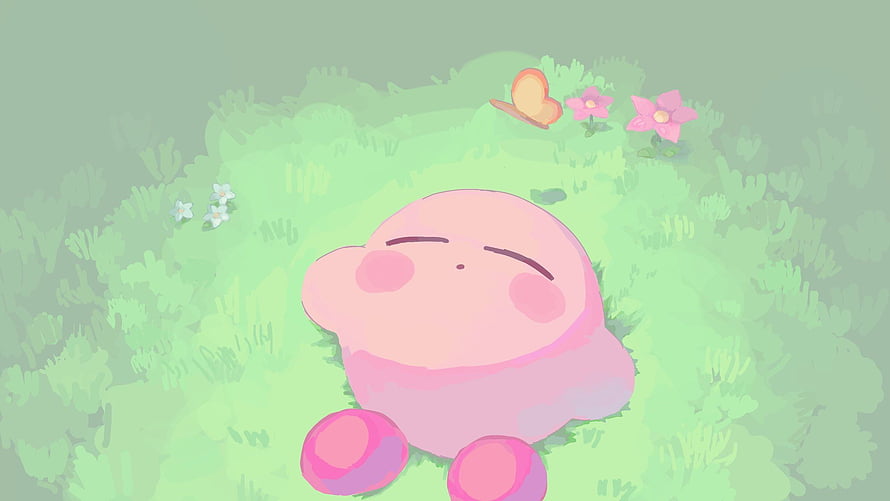 Kirby Sleeping Peacefully in a Lush Green Meadow with Flowers and a Butterfly HD wallpaper