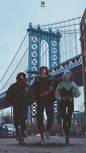 Miles Morales, Spider-Man, and Spider-Gwen Walking in Brooklyn Before the Manhattan Bridge HD phone wallpaper