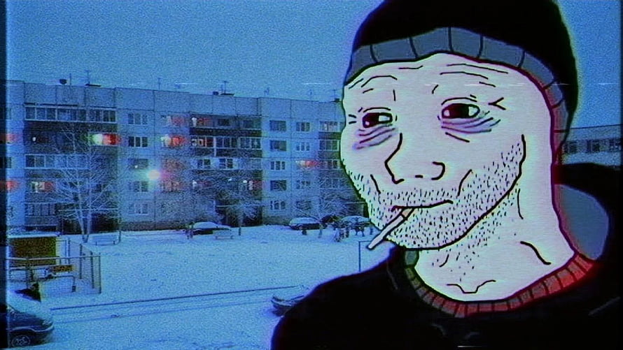 Doomer Aesthetic Illustration of a Man Smoking in a Snowy Soviet Apartment Complex HD wallpaper