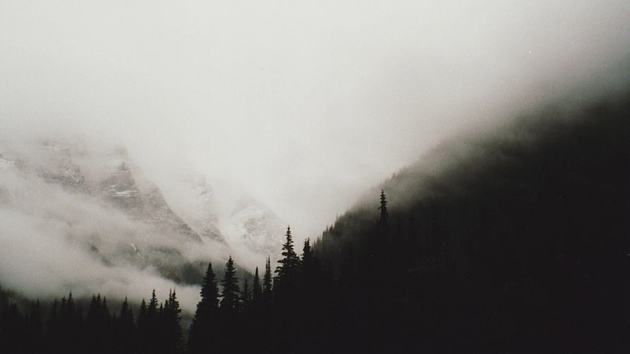 Misty Mountain Peaks With Silhouetted Evergreen Forest HD wallpaper