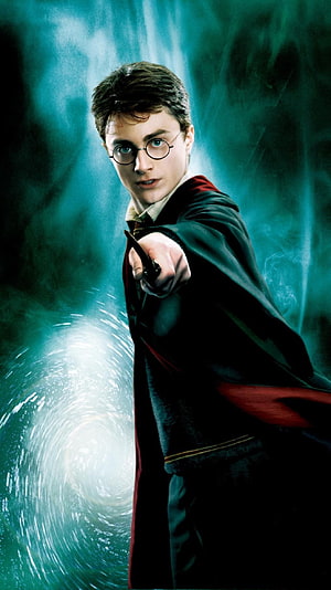 Harry Potter Casting a Spell in a Dark Cloak Against a Swirling Teal Portal HD phone wallpaper