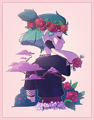 Amity Blight from The Owl House in a floral crown with roses and stylized clouds HD phone wallpaper