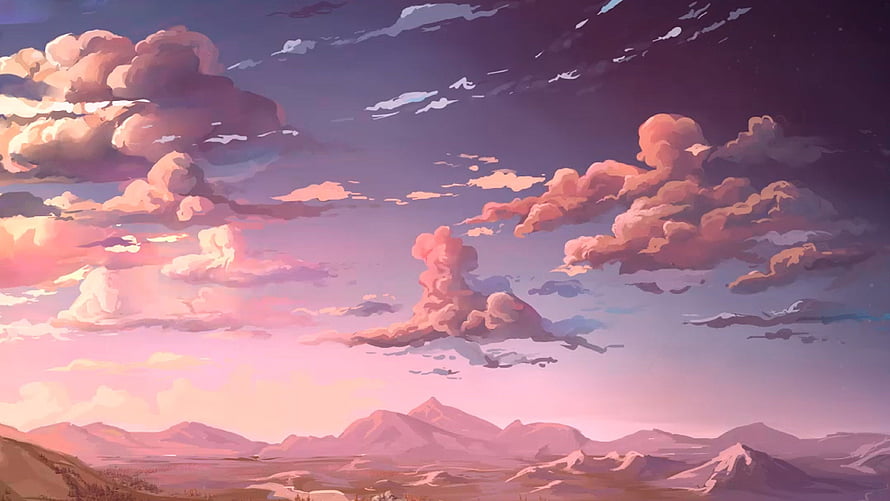 Dreamy Digital Art Landscape With Soft Pink Clouds And Distant Mountain Ranges HD wallpaper