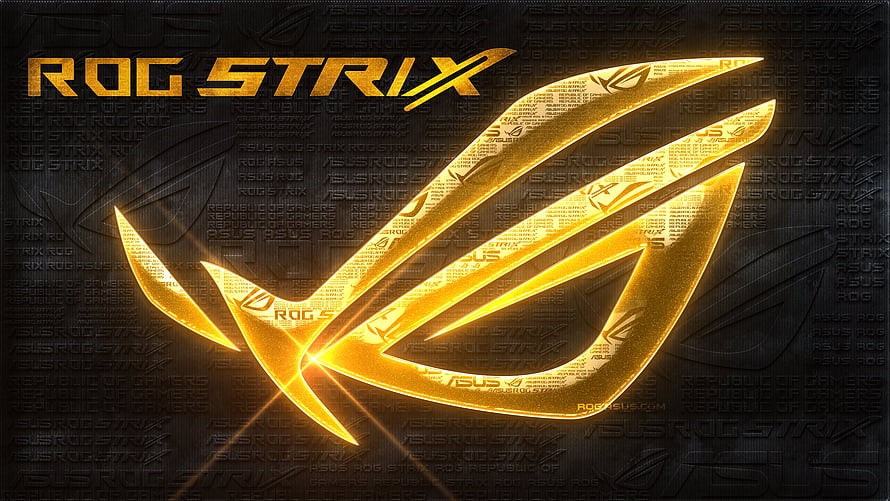 ASUS ROG Strix Gold Gaming Logo with Glowing Eye Emblem on Dark Textured Background HD wallpaper
