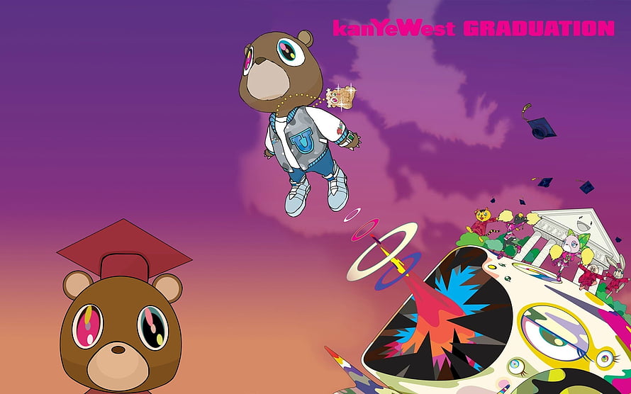 Kanye West Graduation Album Artwork with Cartoon Bear Characters and Purple Sky HD wallpaper