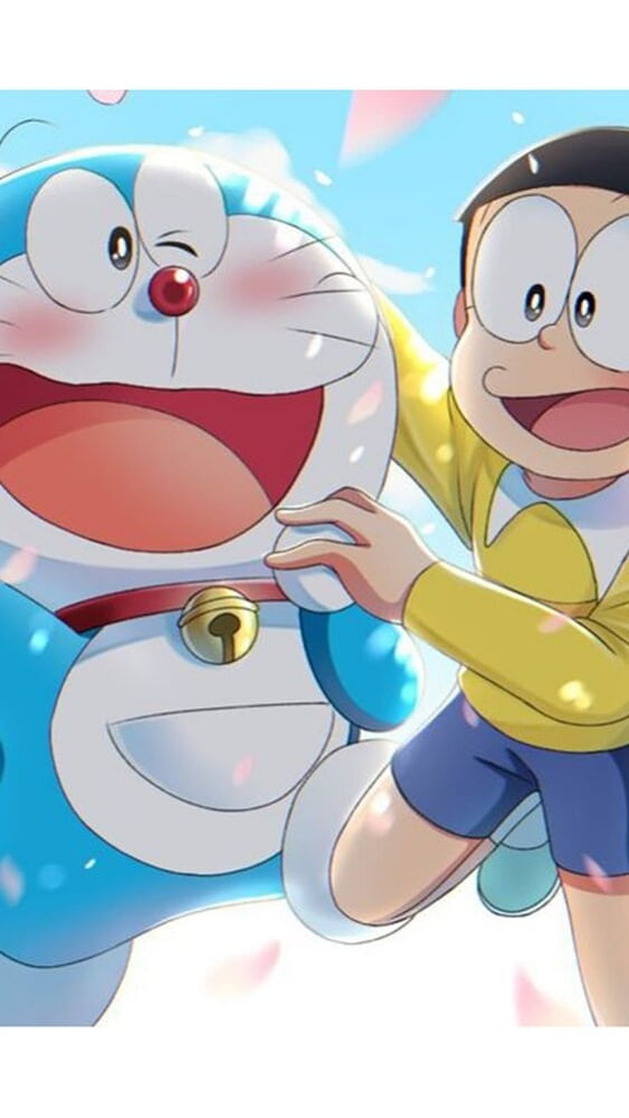 Doraemon and Nobita Sharing a Joyful Moment Under a Bright Blue Sky HD phone wallpaper