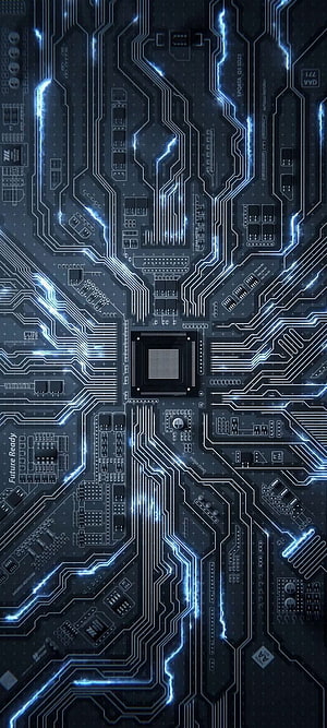 Glowing Blue Circuit Board with Central Processor Chip and Electric Traces HD phone wallpaper
