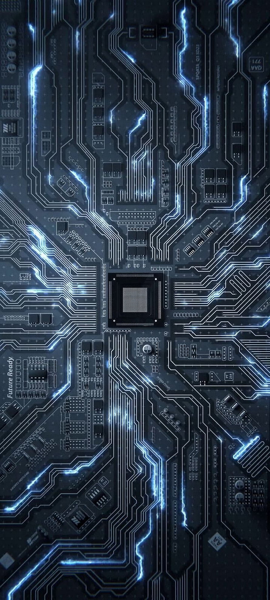 Glowing Blue Circuit Board with Central Processor Chip and Electric Traces HD phone wallpaper