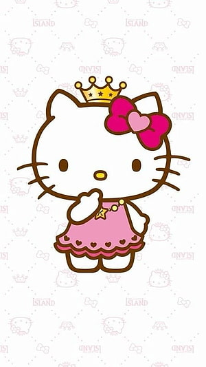 Hello Kitty Princess in Pink Dress with Gold Crown and Bow on Patterned Background HD phone wallpaper