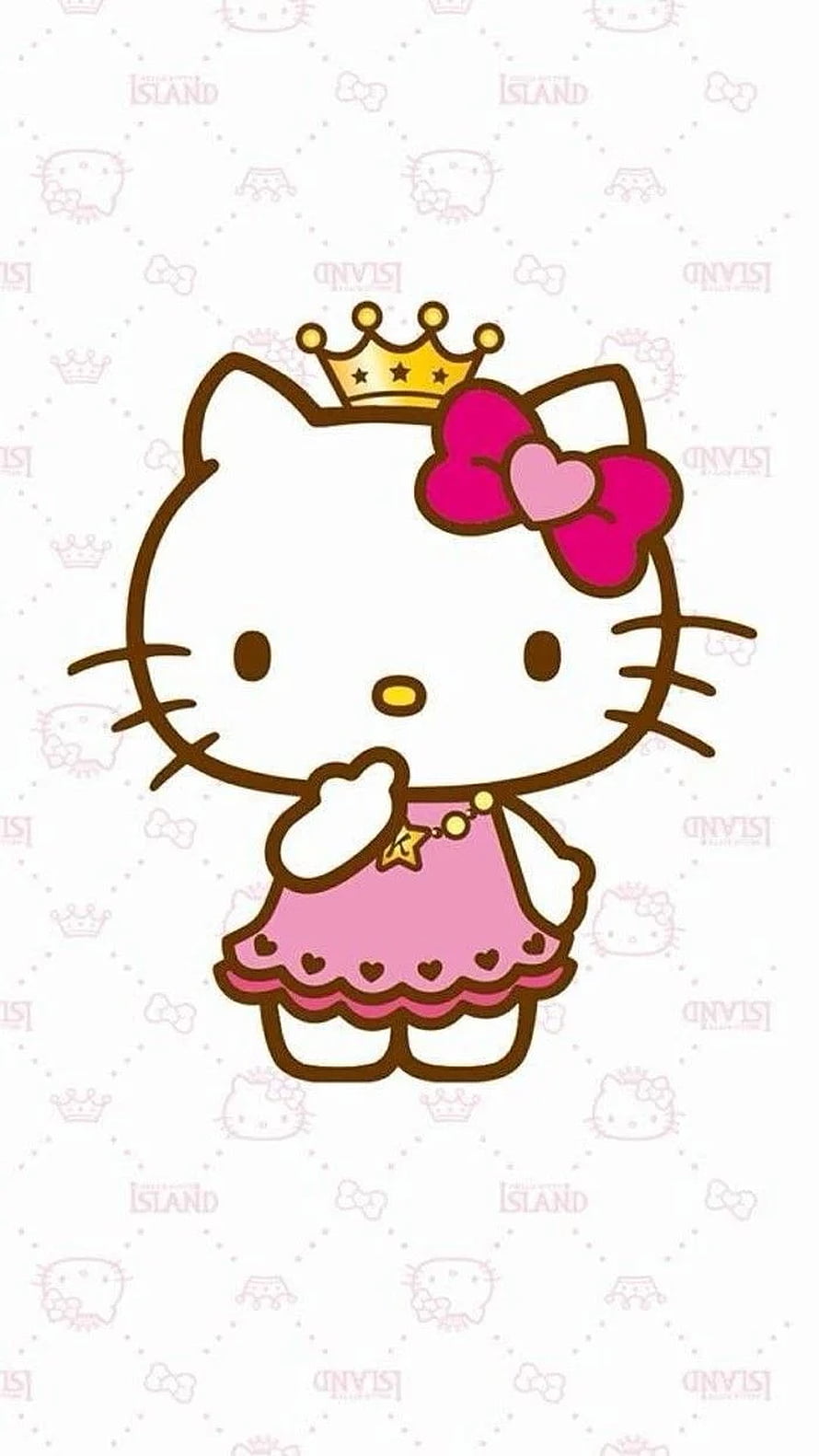 Hello Kitty Princess in Pink Dress with Gold Crown and Bow on Patterned Background HD phone wallpaper