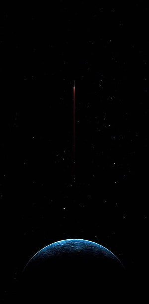 Minimalist Space Scene With Distant Planet And Red Streak Against Starry Black Sky HD phone wallpaper
