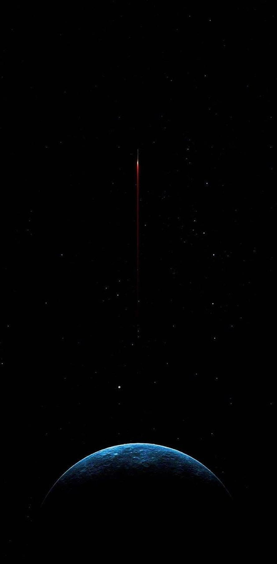 Minimalist Space Scene With Distant Planet And Red Streak Against Starry Black Sky HD phone wallpaper