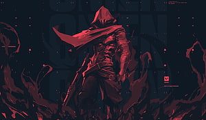 Valorant Hooded Agent in Red Tactical Gear with Rifle and Cyberpunk Interface Elements HD wallpaper