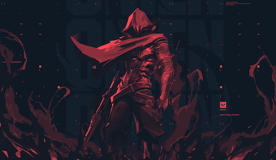 Valorant Hooded Agent in Red Tactical Gear with Rifle and Cyberpunk Interface Elements HD wallpaper