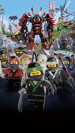 LEGO Ninjago Movie Team and Giant Mecha Robot in Futuristic City HD phone wallpaper