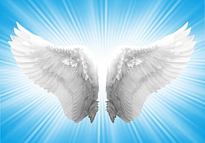 Radiant White Angel Wings Spread Against a Blue Sky with Divine Light Rays HD wallpaper