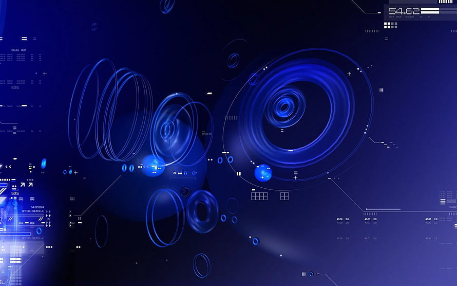 Futuristic Blue Digital Interface with Glowing Orbital Rings and HUD Elements HD wallpaper