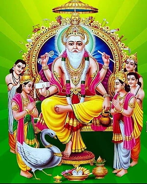 Vishwakarma Bhagwan with celestial attendants and sacred swan in traditional Indian devotional art HD phone wallpaper