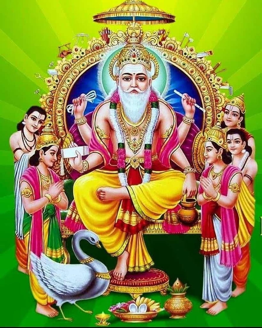 Vishwakarma Bhagwan with celestial attendants and sacred swan in traditional Indian devotional art HD phone wallpaper