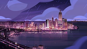 Steven Universe Cityscape at Night with Purple Sky and Water Reflections HD wallpaper