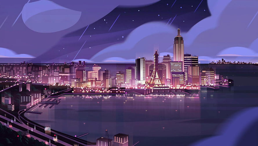 Steven Universe Cityscape at Night with Purple Sky and Water Reflections HD wallpaper