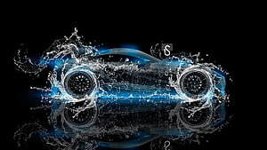 Toyota FT-1 Concept Car Water Splash Digital Art with Blue Neon Glow on Black Background HD wallpaper