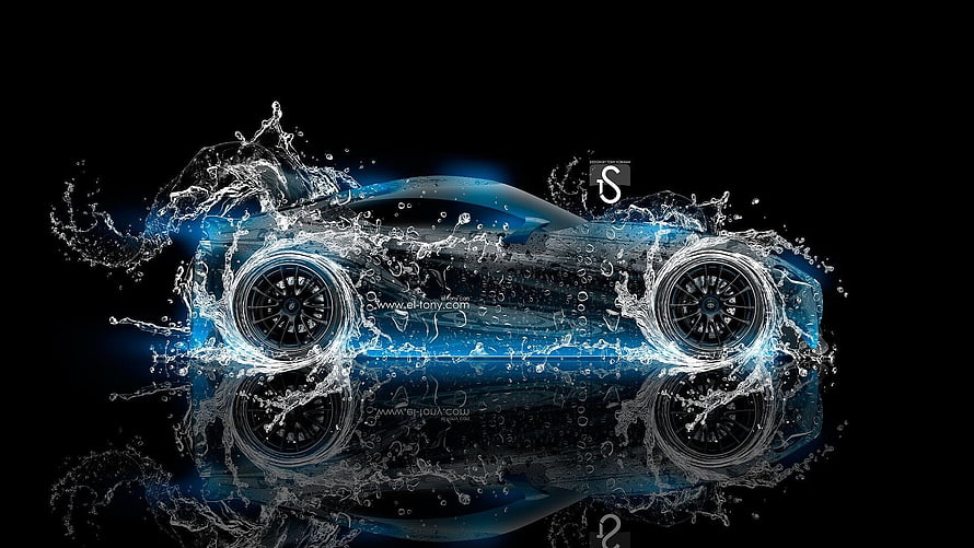 Toyota FT-1 Concept Car Water Splash Digital Art with Blue Neon Glow on Black Background HD wallpaper