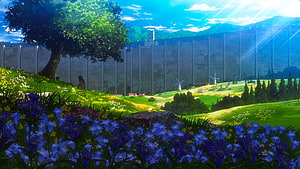 Attack on Titan Wall Maria Landscape with Windmills and Flower Fields HD wallpaper