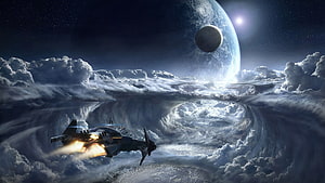 Star Citizen Spacecraft Flying Through Dramatic Clouds Beneath a Distant Planet and Moon HD wallpaper