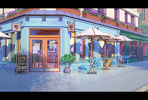 Cozy Blue Cafe Facade with Outdoor Seating and Parasols in Anime Style HD wallpaper